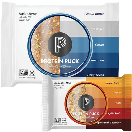 Protein Puck Value Bundle, Case of 12 Full Size Mighty Moxie + Case of 16 Mini Daily Bliss - Plant-Based Bars, High Protein Snacks with Vegan Protein - Gluten-Free, Non-Dairy, Non-Gmo Snack Bar