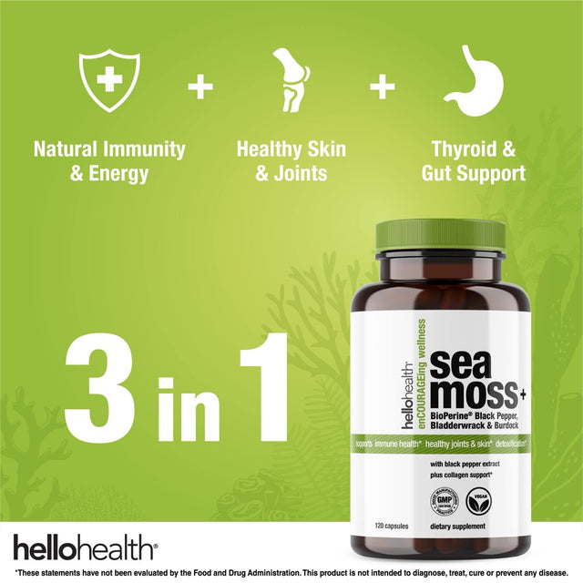 Hello Health Organic Irish Sea Moss - Bioperine Super Food for Immune Support -Thyroid Support - Gut, Skin & Joint Health - 120 Capsules