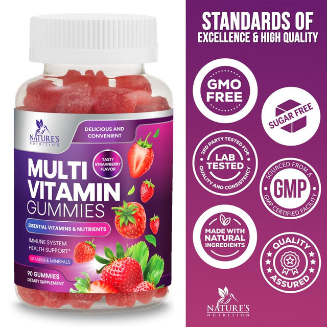 Multivitamin Gummies, Daily Adult Gummy Vitamin for Women & Men, Extra Strength Immune Health Support Supplement with Vitamins A, C, D, E, B-6, B-12, Zinc and More - Non-Gmo, Berry - 90 Gummies