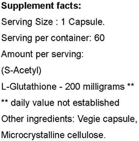 S-Acetyl L-Glutathione 200 Mg.| 60 Vcaps | Non-Gmo | Soy-Free and Gluten Free