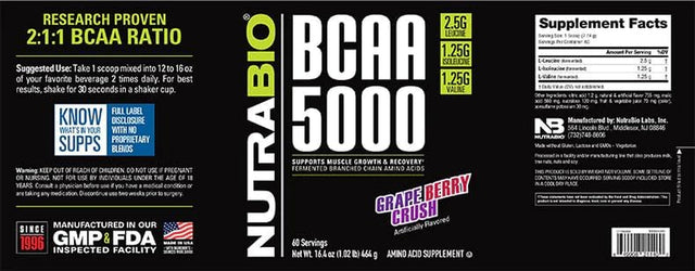 Nutrabio BCAA 5000 Powder - Vegan Fermented Bcaas - Supports Lean Muscle Growth, Recovery, Endurance - Zero Fat, Sugar, and Carbs - 60 Servings - Grape Berry Crush