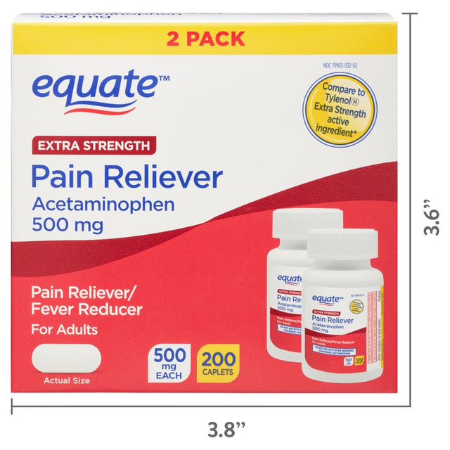 Equate Extra Strength Acetaminophen Pain Reliever Caplets, 500 Mg, 200 Count, 2 Pack