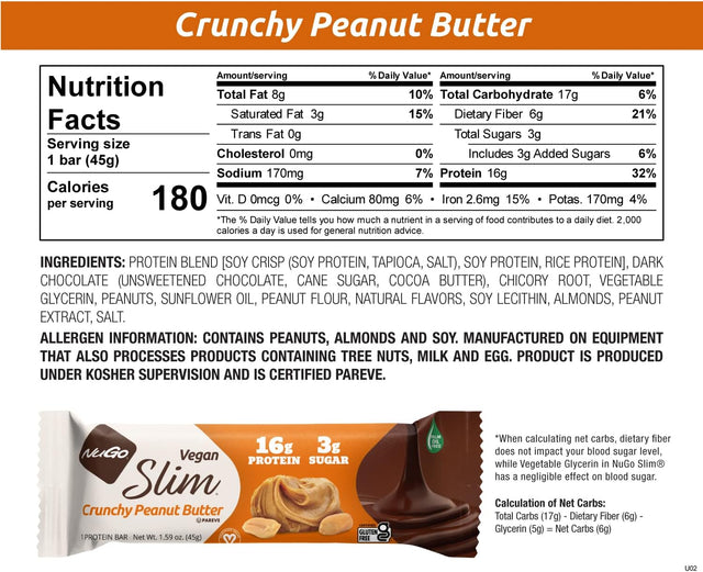 Nugo Slim Dark Chocolate Crunchy Peanut Butter, 16G Vegan Protein, 3G Sugar, 7G Fiber, 180 Calories, Low Net Carbs, Gluten Free, 24 Count