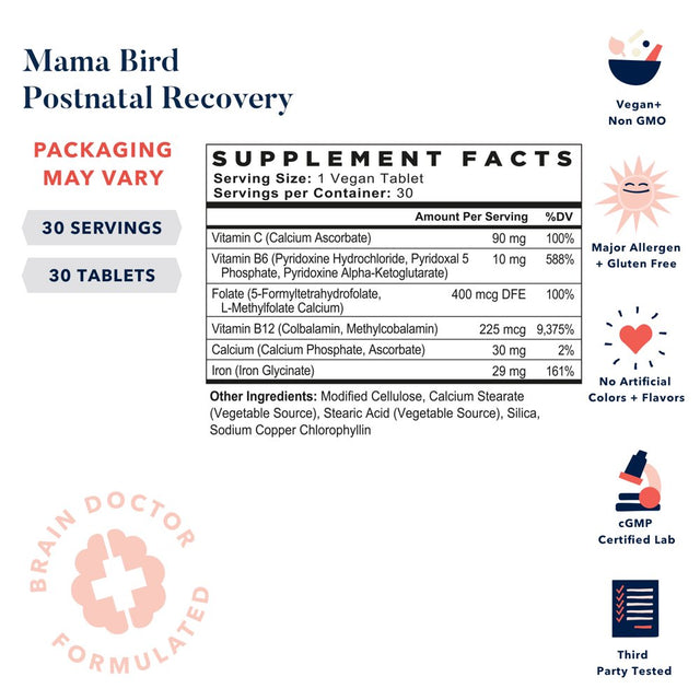 Mama Bird Postnatal Recovery, Once Daily, Replenish with Iron, L-Methylfolate (Folic Acid), Methylcobalamin (B12), Natural Vitamin, Repair and Support, 30 Ct