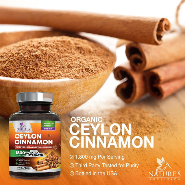 Pure Cinnamon Capsules, Certified Organic Ceylon Cinnamon Pills, Non-Gmo, Gluten-Free, Dairy-Free, Sri Lanka Cinnamon Powder Supplement, Best Vegan True Cinnamomum Vitamins, Sugar Free - 240 Capsules