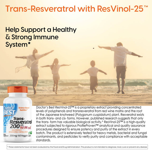 Doctor'S Best Trans-Resveratrol with Resvinol, Non-Gmo, Vegan, Gluten Free, Soy Free, 200 Mg, 60 Veggie Caps