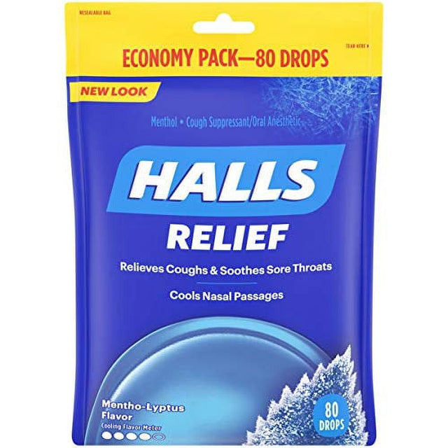 HALLS Relief Mentho-Lyptus Cough Drops, Economy Pack, 12 Packs of 80 Drops Bags (960 Total Drops) Menthol