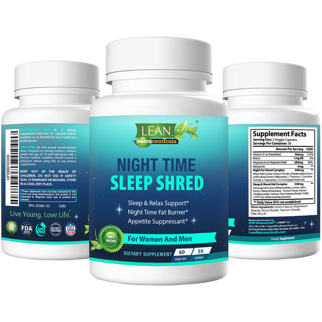 Night Time Sleep Shred Fast Fat Burner, Weight Loss Aid Pill, Appetite Suppressant Carb Blocker Metabolism Booster Support Supplement for Women Men with Melatonin White Kidney Bean Ashwagandha 60 Caps