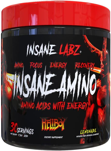 Insane Labz Insane Amino Hellboy Edition, BCAA with Energy Focus Muscle Recovery, Intra Workout Powder, 2 1 1 Branched Chain Amino Acid Powder, 30 Srvgs, Lemonade