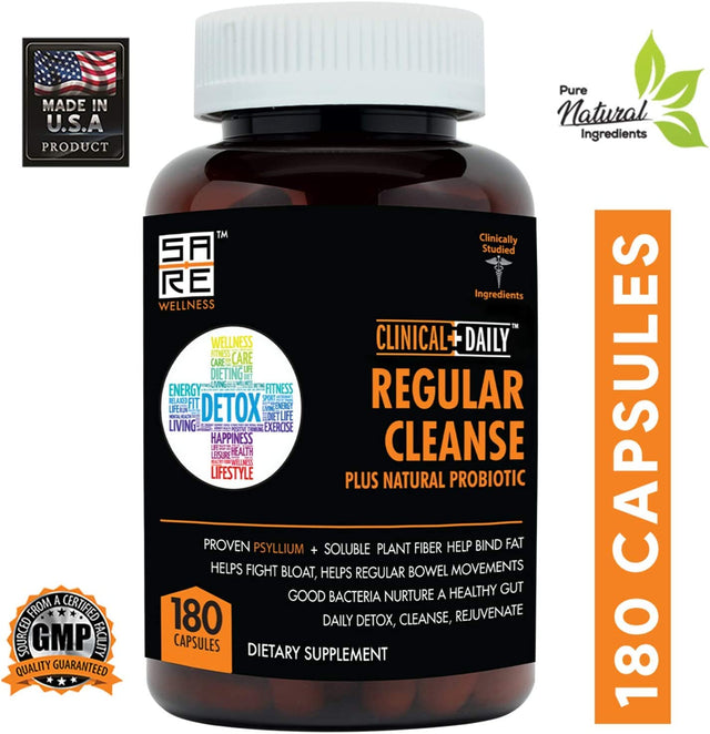 Regular Cleanse plus Natural Probiotic - Colon Cleanse & Gut Detox Supplement - Assists with Energy and Constipation Relief - Herbal Dietary Fiber Psyllium Husk Capsules - 180 Count