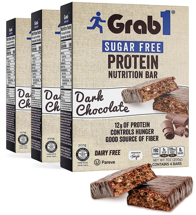 Grab1 Sugar Free Protein Bars, Dairy Free Dark Chocolate (3 Pack = 12 Bars) | 12Gr Protein + 4Gr Fiber | Low Calorie | Zero Sugar