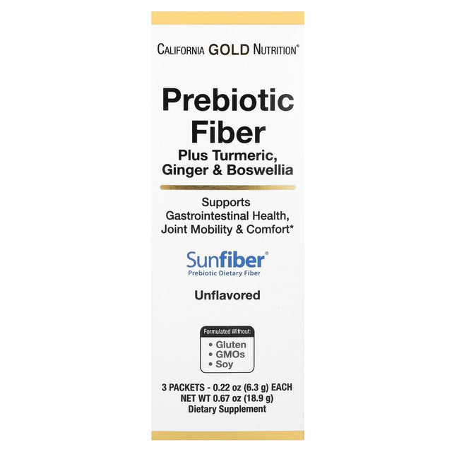 California Gold Nutrition Prebiotic Fiber plus Turmeric, Ginger, & Boswellia, 3 Packets, 0.22 Oz (6.3 G) Each