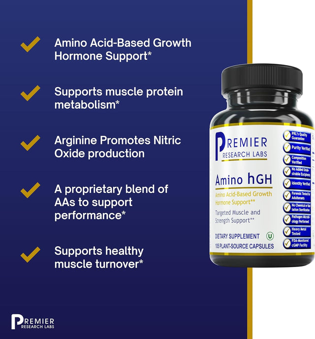 Premier Research Labs Amino HGH - Essential Amino Acids Formula - for Lean Muscle Support - with Arginine, Lysine, Ornithine, Alpha-Ketoglutarate - 105 Plant-Source Capsules