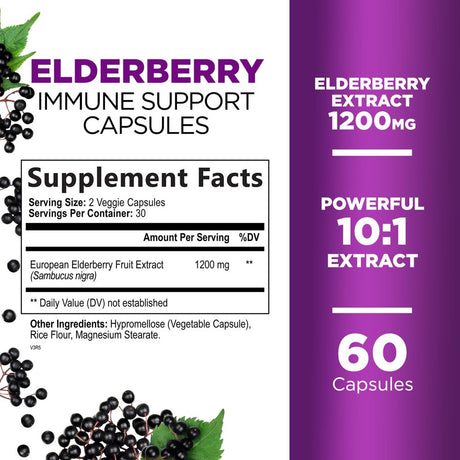 Nature'S Nutrition 10:1 Elderberry Extract Capsules - Highly Concentrated Sambucus Black Elderberry, Immune Support Dietary Supplement, Elder Berry Vitamins, Gluten Free Non-Gmo - 60 Capsules