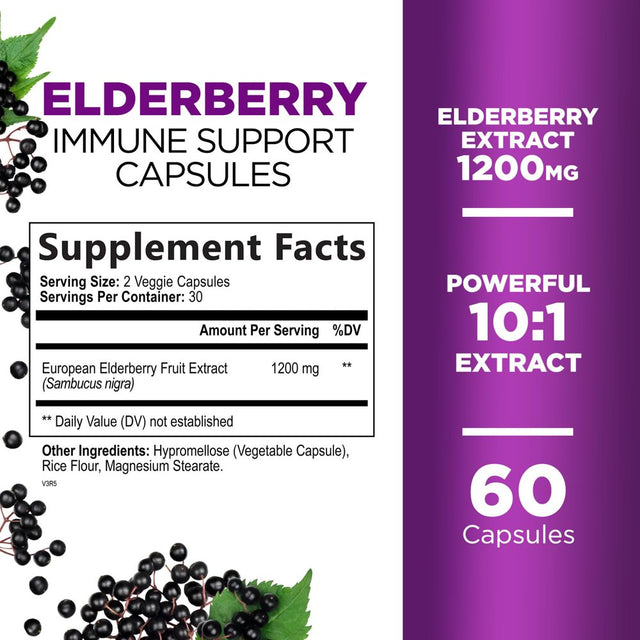 Nature'S Nutrition 10:1 Elderberry Extract Capsules - Highly Concentrated Sambucus Black Elderberry, Immune Support Dietary Supplement, Elder Berry Vitamins, Gluten Free Non-Gmo - 60 Capsules