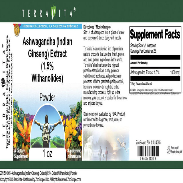 Terravita Ashwagandha (Indian Ginseng) Extract (1.5% Withanolides) Powder, (1 Oz, 1-Pack, Zin: 514065)