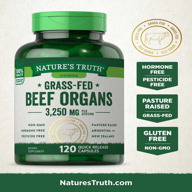 Grass Fed Beef Organs Capsules | 120 Count | 3250Mg Complex of Liver, Heart, Kidney, Pancreas, Spleen | Non-Gmo & Gluten Free Supplement | by Nature'S Truth