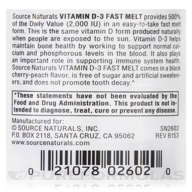 Source Naturals, Inc. Vitamin D-3 2000 IU Fast Melt 60 Sublingual Tablet