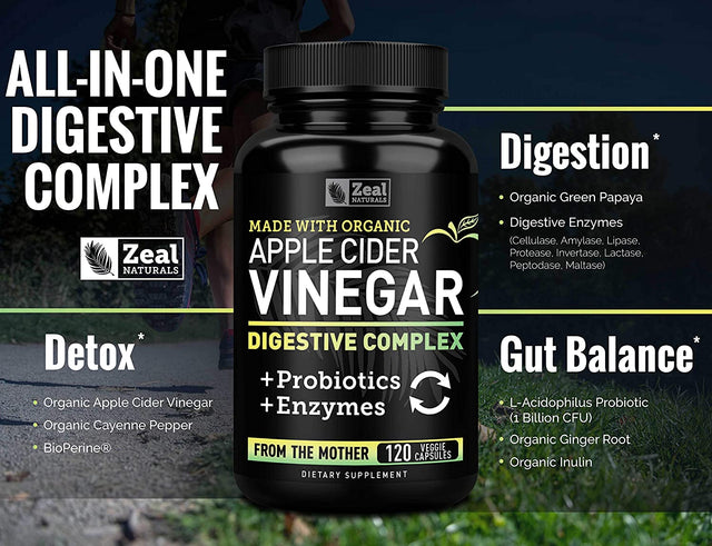 Organic Apple Cider Vinegar Capsules + Digestive Enzymes & Probiotics (1500Mg | 120 Capsules) Raw Apple Cider Vinegar Pills & Fiber Supplement for Gut Health, Immune Support, Digestion & Detox Cleanse