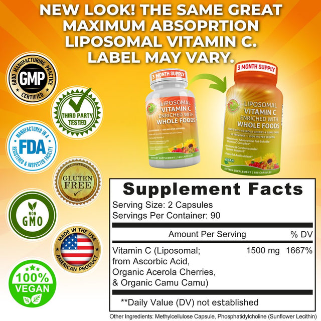 Supplements Studio Liposomal Vitamin C 1500Mg - Organic Acerola Cherries & Camu Camu High Potency Vitamin C - Non-Gmo 180 Count