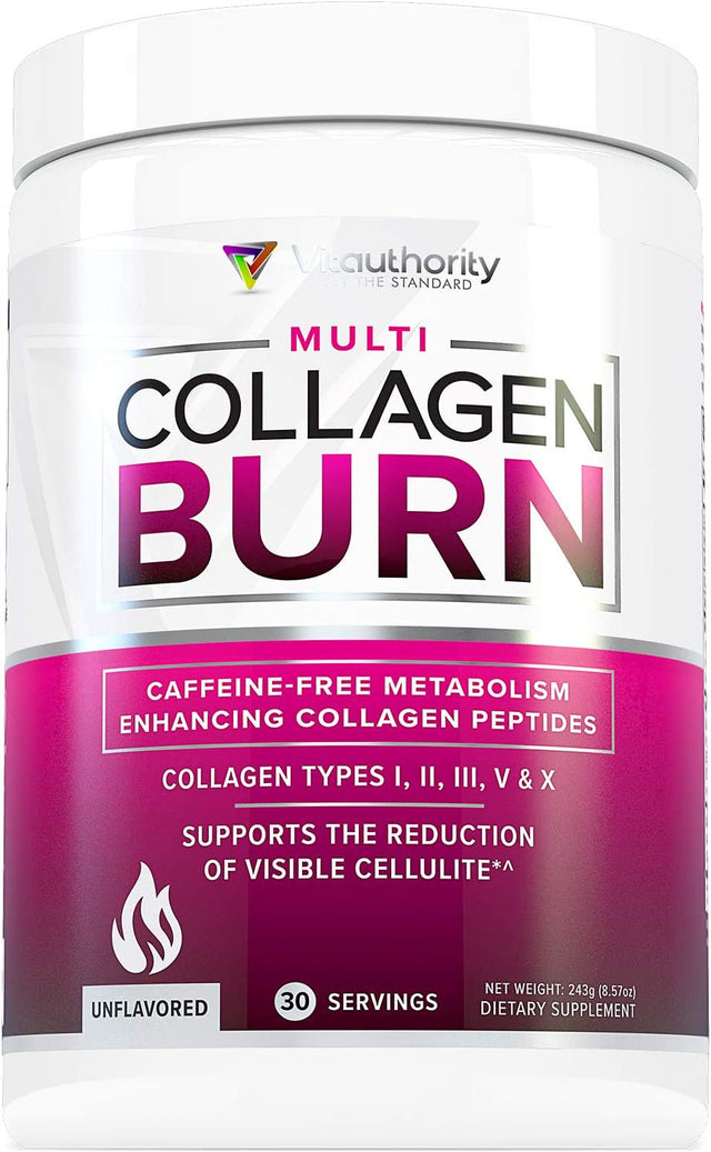 Vitauthority Multi Collagen Burn - Metabolism Support & Cellulite Smoothing Collagen Peptides Powder Unflavored with Vitamin C - Hydrolyzed Collagen for Weight Loss Powder for Women 30 Servings