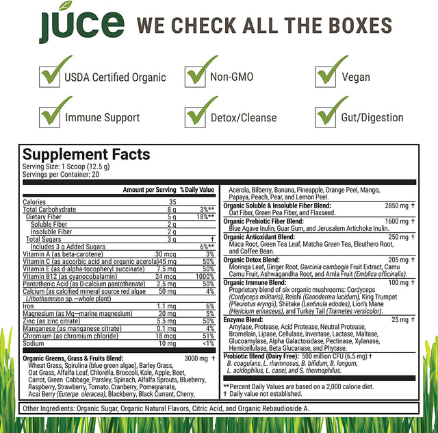 JUCE Green Superfood Powder, Organic Fruits and Veggies Supplement W/ 77 Superfoods plus Prebiotic Probiotic Blend, Harvest Apple Flavor - 20 Servings (230 G)…