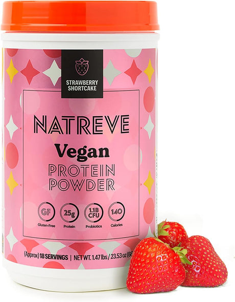 Natreve Vegan Protein Powder - 25G Plant Based Protein Powder with Probiotics and Amino Acids - Gluten Free Strawberry Shortcake, 18 Servings