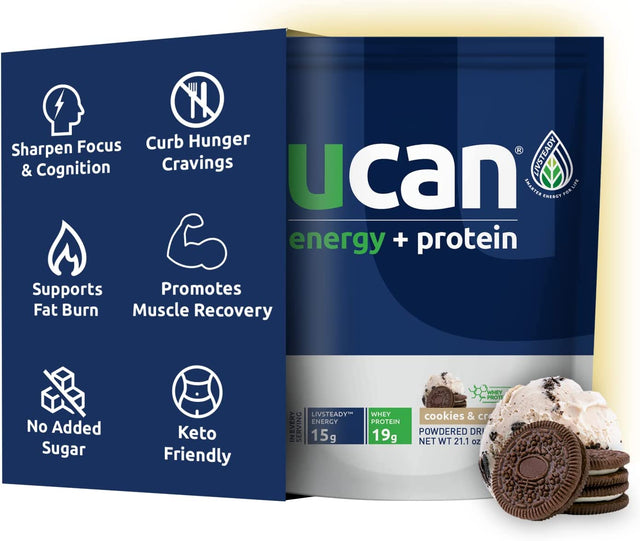 UCAN Energy + Whey Protein Powder - 19G per Serving with Amino Acids Eaas & Bccas - Keto, No Added Sugar, Gluten-Free - Cookies & Cream - 12 Servings