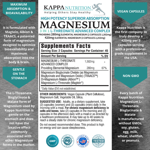 Magnesium, L-Threonate (90 Capsules), 2,253Mg per Serving, Providing 420Mg Elemental, Bisglycinate Chelate, Malate, for Brain, Sleep, Stress, Cramps, Headaches, Energy, Heart, from Kappa Nutrition.