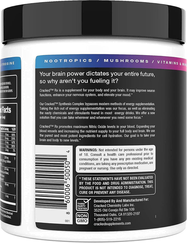 Rx Nootropic Energy Focus Endurance Powder Drink without Beta Alanine Free No Itch Natural Pre-Workout (Fruiting Body Mushrooms, Ashwagandha, Creatine HCL, Vitamins & Dopamine Boost)