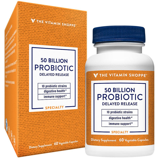 Probiotic Delayed Release 50 Billion - with 10 Probiotic Strains to Support Digestive, Immune & Vaginal Health or Yeast Imbalance - Shelf Stable (60 Veggie Caps) by the Vitamin Shoppe