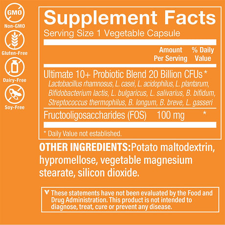 Ultimate 10+ Probiotics, 20 Billion Cfus for Digestive Health, Immune Support and Respiratory Health (60 Vegetable Capsule) by the Vitamin Shoppe