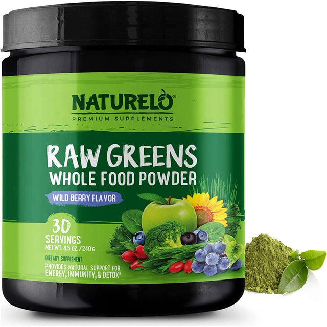 NATURELO Raw Greens Superfood Powder - Wild Berry Flavor - Boost Energy, Detox, Enhance Health - Organic Spirulina - Wheat Grass - Whole Food Nutrition from Fruits & Vegetables - 30 Servings