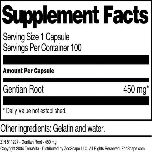 Terravita Gentian Root - 450 Mg, (100 Capsules, 1-Pack, Zin: 511297)