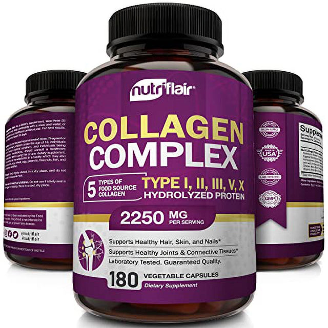 Nutriflair Multi Collagen Peptides 2250Mg, 180 Capsules - Type I, II, III, V, X - Collagen Supplements Complex Powder Pills for Women and Men - Hydrolyzed Protein, Healthy Hair, Skin, Nails - Non-Gmo