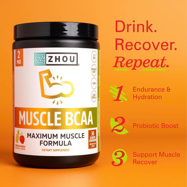 Zhou Nutrition Muscle BCAA Powder, Vegan Muscle Recovery, Natural, Clean Formula for Optimal Absorption, Probiotic Boost, Vitamin C, Gluten and Sugar Free, Tropical Punch, 30 Servings