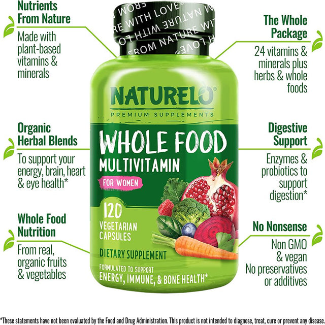 NATURELO Whole Food Multivitamin for Women - with Vitamins, Minerals, & Organic Extracts - Supplement for Energy and Heart Health - Vegan - Non GMO - 120 Capsules