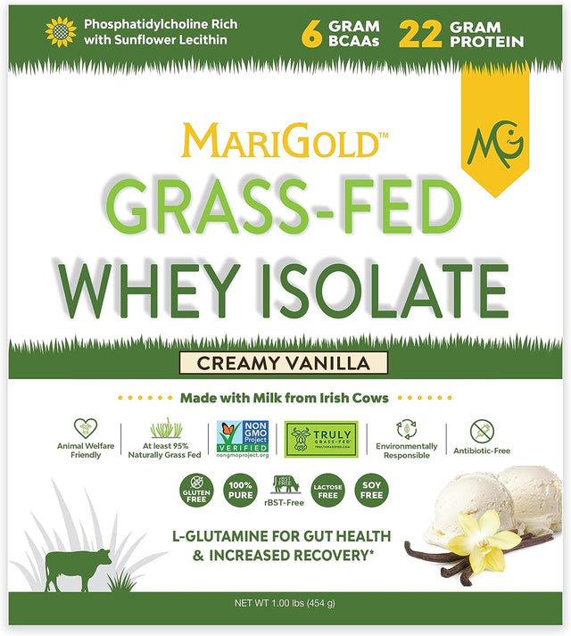 Marigold Grass-Fed Whey Protein Isolate Powder - Creamy Vanilla Flavor - 1 Lb Bag | 100% Pure, Cold-Processed, Micro-Filtered, Undenatured, Non-Gmo, Rbgh Free, Soy Free, Gluten Free, Lactose Free