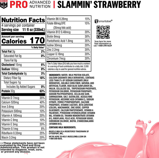 Muscle Milk Pro Advanced Nutrition Protein Shake, Slammin' Strawberry, 11 Fl Oz Carton, 12 Pack, 32G Protein, 1G Sugar, 16 Vitamins & Minerals, 5G Fiber, Workout Recovery, Bottle, Packaging May Vary