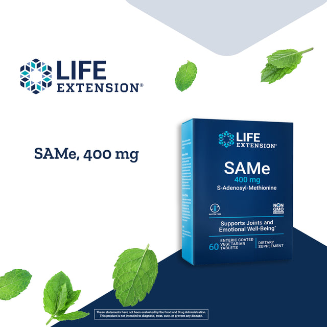 Life Extension Same, 400Mg - Mood, Joint & Liver Support - Gluten-Free, Non-Gmo - 60 Enteric-Coated Vegetarian Tablets