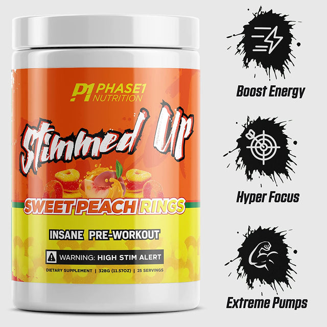 Stimmed up Insane Pre Workout 325Mg Caffeine for Hyper Focus, Energy Boost, and Extreme Pumps- High Stim Preworkout with Beta Alanine, Caffeine with No Artificial Flavor (Sweet Peach Rings)