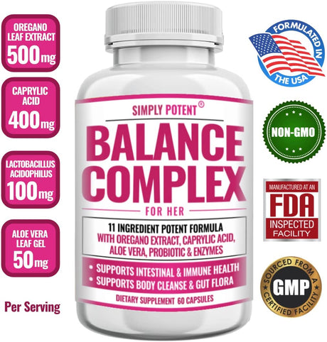 Balance Complex for Women, Candida Cleanse & Vaginal Health Dietary Supplement, Natural Formula with Oregano, Caprylic Acid, Aloe, Probiotics & Enzymes for Gut & Immune Health Support, 60 Capsules