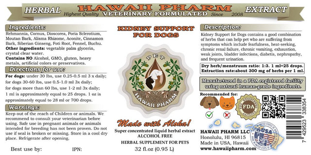 Kidney Support for Dogs, VETERINARY Natural Alcohol-Free Liquid Extract, Pet Herbal Supplement 32 Oz