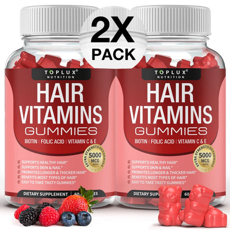 Toplux Hair Vitamin Gummies 5000Mcg Biotin Supplement for Healthy Hair Growth Support Skin & Nails, Berry Flavor 60 Count 2 Pack