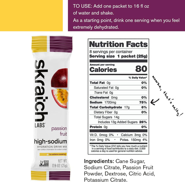 Skratch Labs High Sodium Electrolyte Powder Packets | Hydration Drink Mix | Hydration Packets Developed for Extreme Dehydration | Passion Fruit (8 Packets) | Non-Gmo, Vegan, Kosher