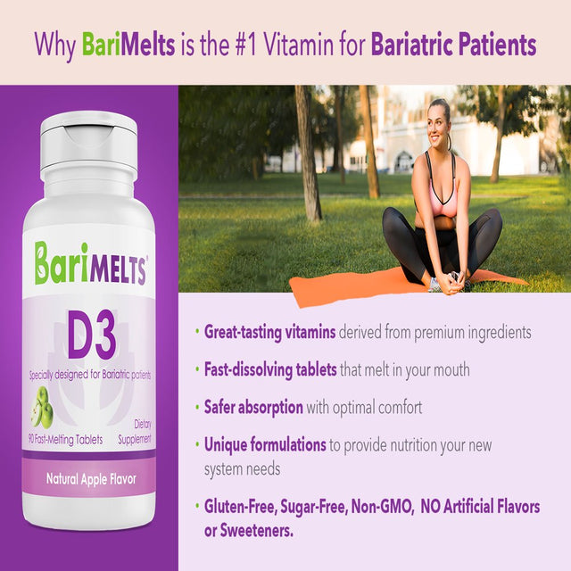 Barimelts Bariatric Vitamin D3 for Immune Support, 90 Fast-Melting Tablets, Post Weight Loss Surgery Patients, Apple Flavored Dietary Supplements