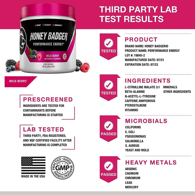 Honey Badger Pre Workout Powder & BCAA Amino Acids Powder Bundle | Beta Alanine, Caffeine & Vitamin C + Electrolytes | Vegan Keto Sugar Free & Paleo for Men & Women | 30 Servings (Wild Berry)