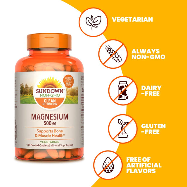 Sundown Magnesium 500Mg, Supports Bone and Muscle Health, 180 Coated Caplets, 6 Month Supply