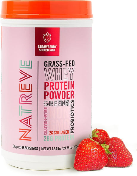 Natreve Whey Protein Powder - 28G Grass-Fed Whey Protein with Amino Acids, Probiotics & Collagen - Gluten Free Strawberry Shortcake, 18 Servings