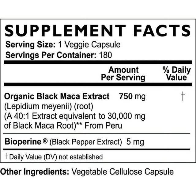 ORGANIC Black Maca Root Extract Highest Potency 40:1, 30,000Mg, 6 Month Supply, Boost Stamina, Performance, Energy, Muscle Gain & Workout, Peruvian Maca Pills W/Bioperine, Non-Gmo (180 Capsules)